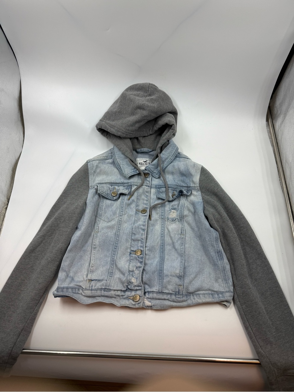 Hollister Hooded Denim Jacket Sweatshirt Sleeves & Hood Size Lg